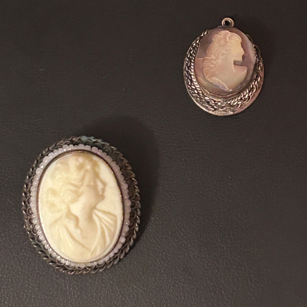 Antique brass CAMEO Brooch & Italian Mother Of Pearl 800 Silver Pendant